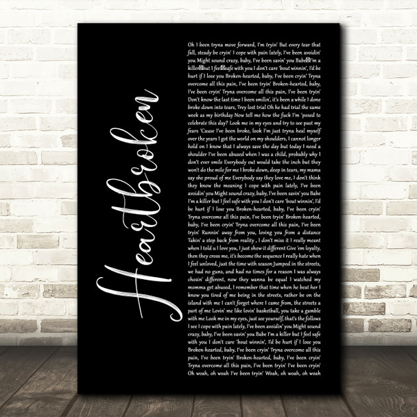 Yungeen Ace Heartbroken Black Script Decorative Wall Art Gift Song Lyric Print