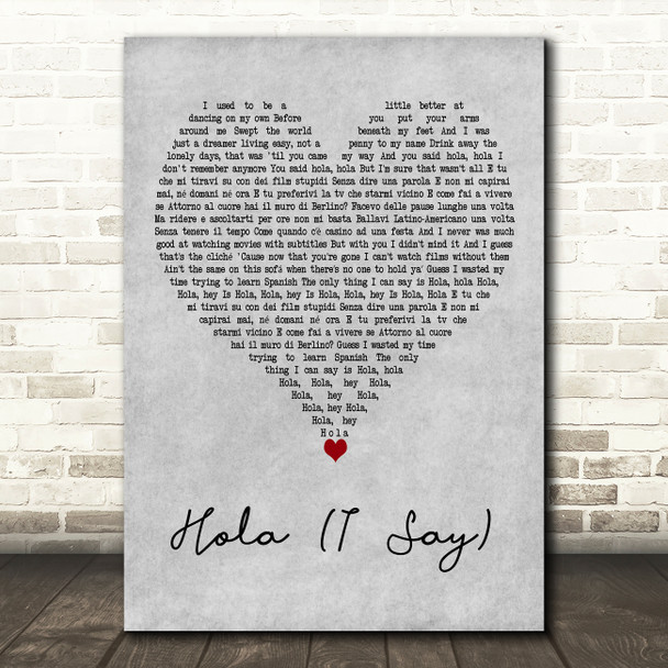Marco Mengoni Featuring Tom Walker Hola (I Say) Grey Heart Decorative Wall Art Gift Song Lyric Print