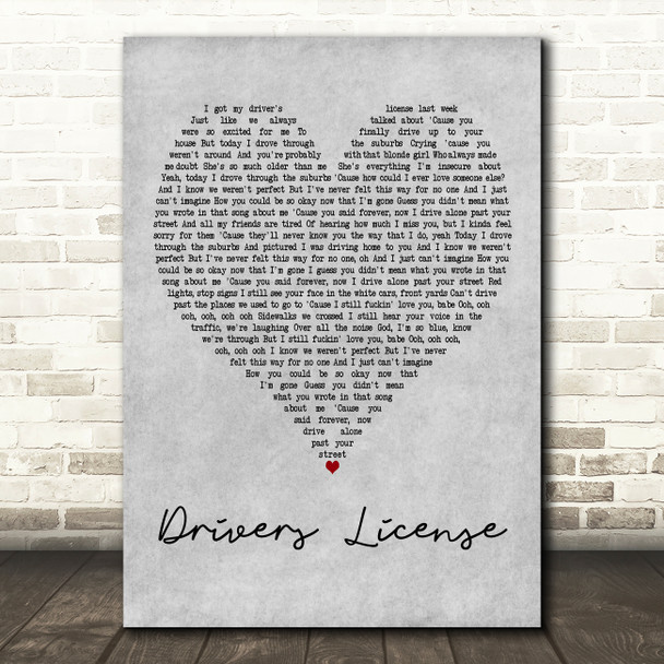 Olivia Rodrigo Drivers License Grey Heart Decorative Wall Art Gift Song Lyric Print