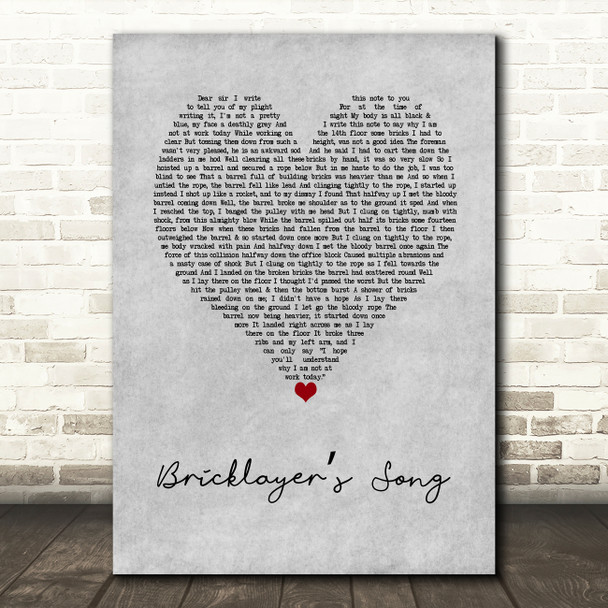 Ray Stevens Bricklayers Song Grey Heart Decorative Wall Art Gift Song Lyric Print