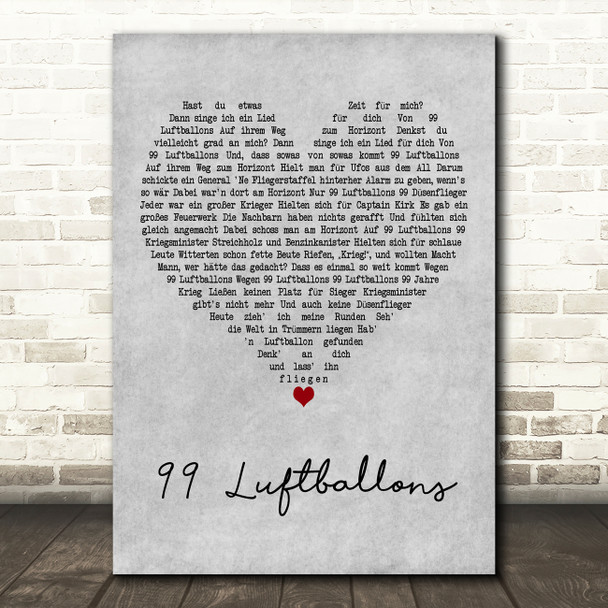Nena 99 Luftballons Grey Heart Decorative Wall Art Gift Song Lyric Print