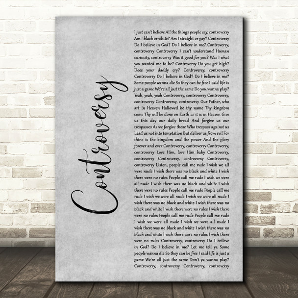 Prince Controversy Grey Rustic Script Decorative Wall Art Gift Song Lyric Print