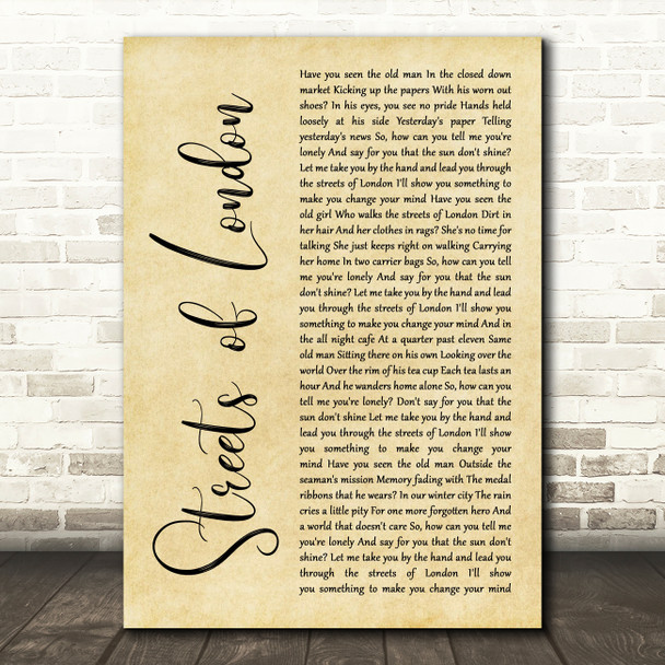 Ralph McTell Streets of London Rustic Script Decorative Wall Art Gift Song Lyric Print