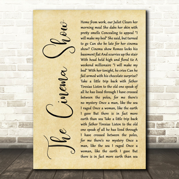 Genesis The Cinema Show Rustic Script Decorative Wall Art Gift Song Lyric Print