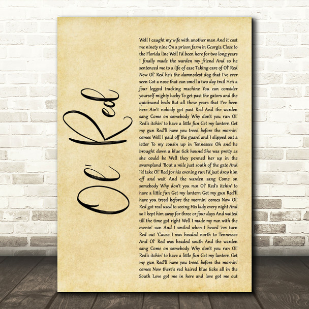 Blake Shelton Ol' Red Rustic Script Decorative Wall Art Gift Song Lyric Print