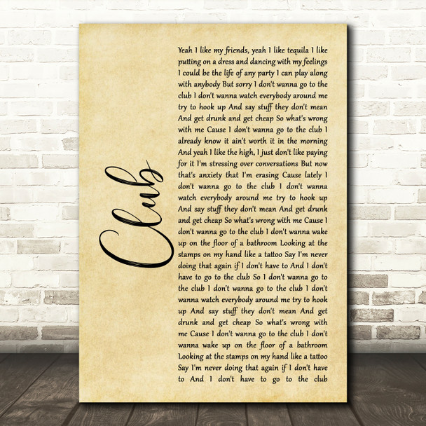 Kelsea Ballerini Club Rustic Script Decorative Wall Art Gift Song Lyric Print