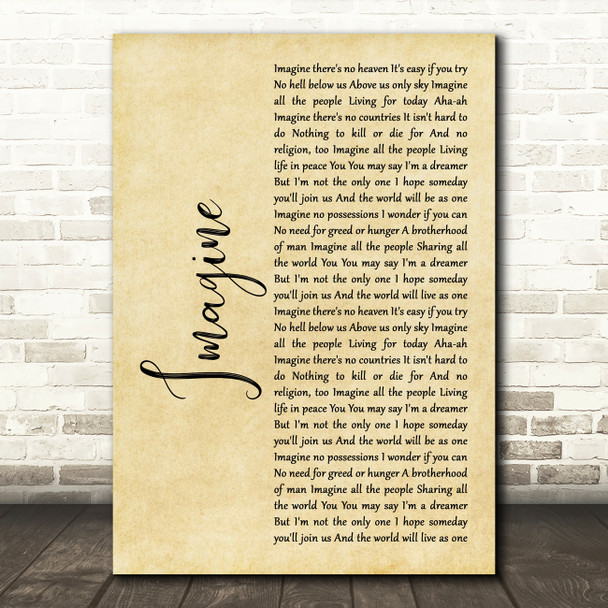 John Lennon Imagine Rustic Script Decorative Wall Art Gift Song Lyric Print