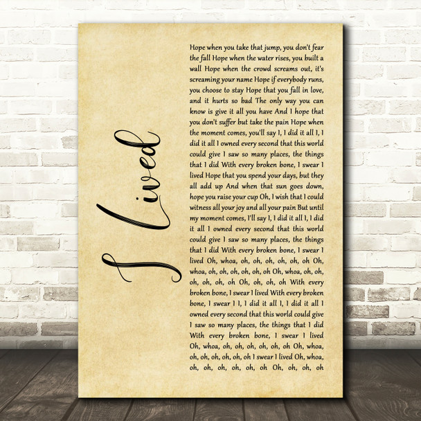 OneRepublic I Lived Rustic Script Decorative Wall Art Gift Song Lyric Print