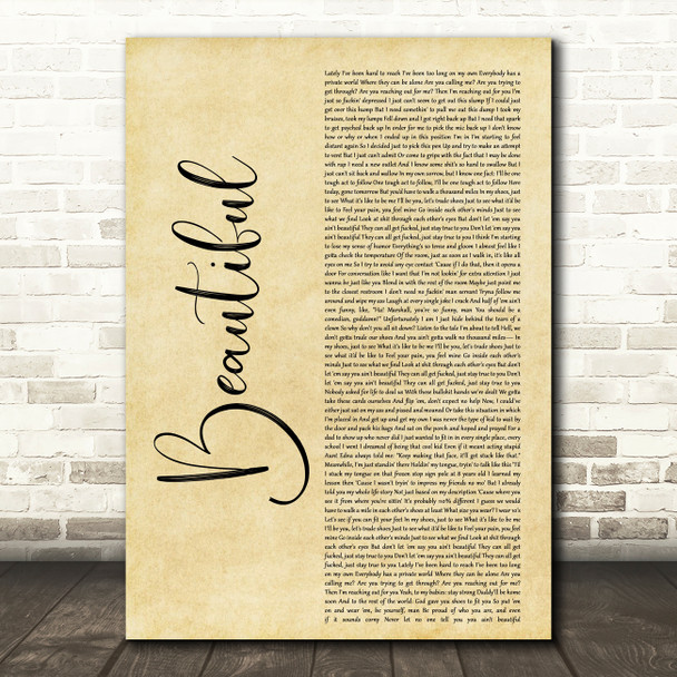 Eminem Beautiful Rustic Script Decorative Wall Art Gift Song Lyric Print