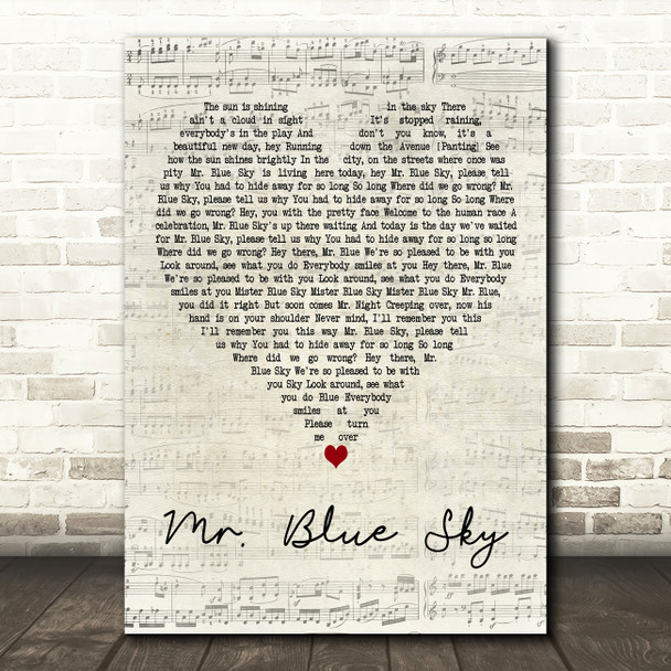 Electric Light Orchestra Mr. Blue Sky Script Heart Decorative Wall Art Gift Song Lyric Print