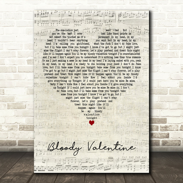 Machine Gun Kelly Bloody Valentine] Script Heart Decorative Wall Art Gift Song Lyric Print