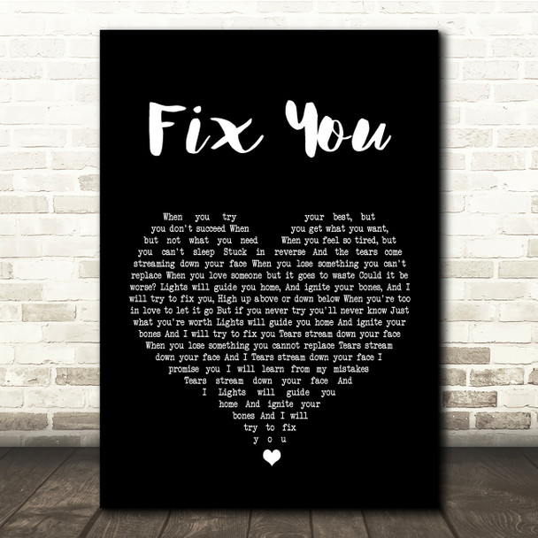 Coldplay Fix You Black Heart Song Lyric Quote Print
