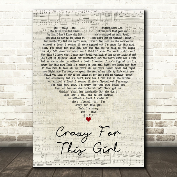Evan & Jaron Crazy for This Girl Script Heart Decorative Wall Art Gift Song Lyric Print