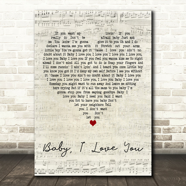 Aretha Franklin Baby, I Love You Script Heart Decorative Wall Art Gift Song Lyric Print
