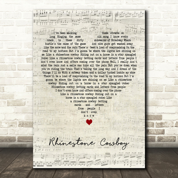 Glen Campbell Rhinestone Cowboy Script Heart Decorative Wall Art Gift Song Lyric Print