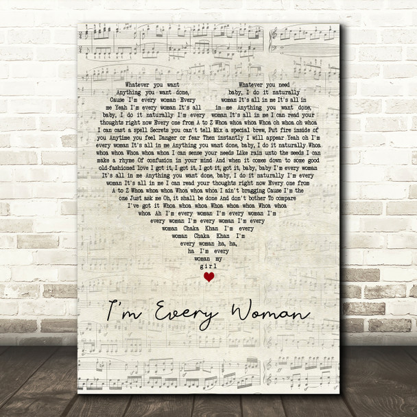 Whitney Houston I'm Every Woman Script Heart Decorative Wall Art Gift Song Lyric Print