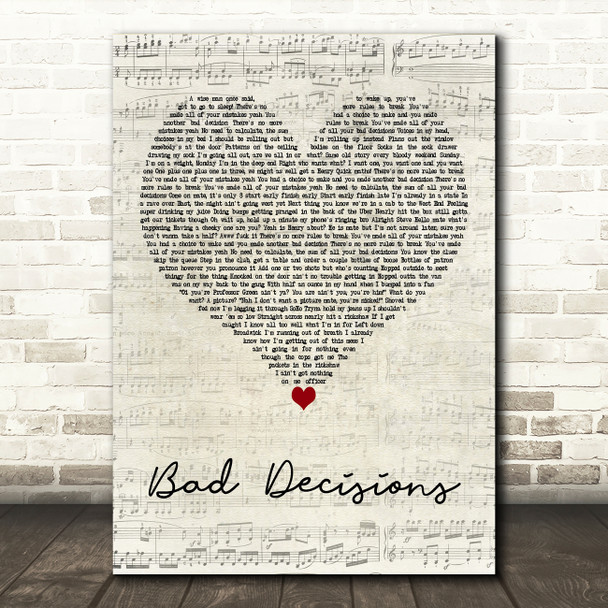 Professor Green Bad Decisions Script Heart Decorative Wall Art Gift Song Lyric Print