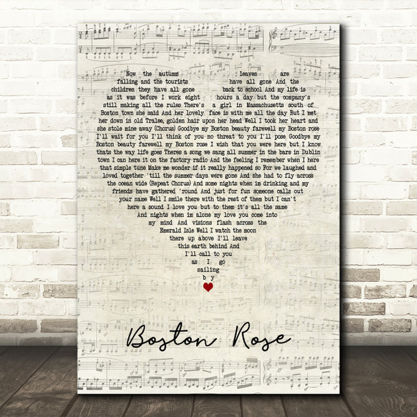 The Wolfe Tones Boston Rose Script Heart Decorative Wall Art Gift Song Lyric Print