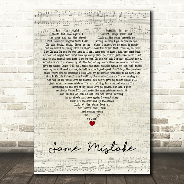 James Blunt Same Mistake Script Heart Decorative Wall Art Gift Song Lyric Print