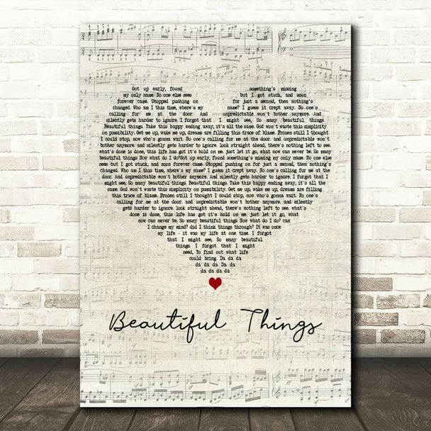 Andain Beautiful Things Script Heart Decorative Wall Art Gift Song Lyric Print