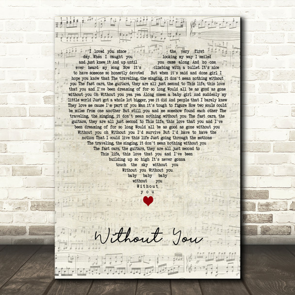 Keith Urban Without You Script Heart Decorative Wall Art Gift Song Lyric Print