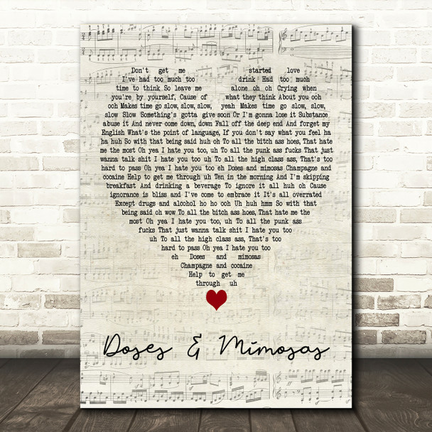 Cherub Doses & Mimosas Script Heart Decorative Wall Art Gift Song Lyric Print