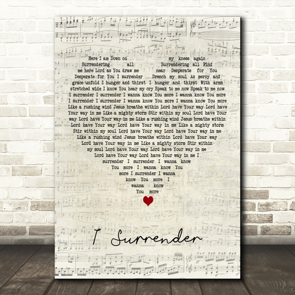 Hillsong I Surrender Script Heart Decorative Wall Art Gift Song Lyric Print