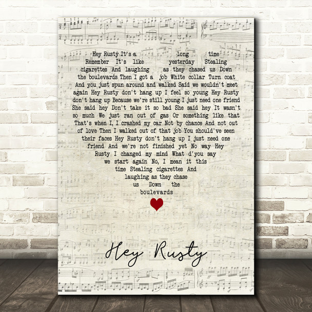 Lloyd Cole Hey Rusty Script Heart Decorative Wall Art Gift Song Lyric Print