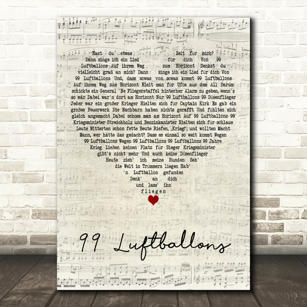 Nena 99 Luftballons Script Heart Decorative Wall Art Gift Song Lyric Print