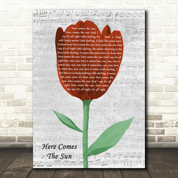 The Beatles Here Comes The Sun Grey Script Watercolour Tulip Song Lyric Print