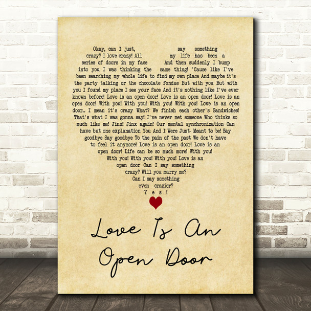 Kristen Bell & Santino Fontana Love Is An Open Door Vintage Heart Wall Art Gift Song Lyric Print
