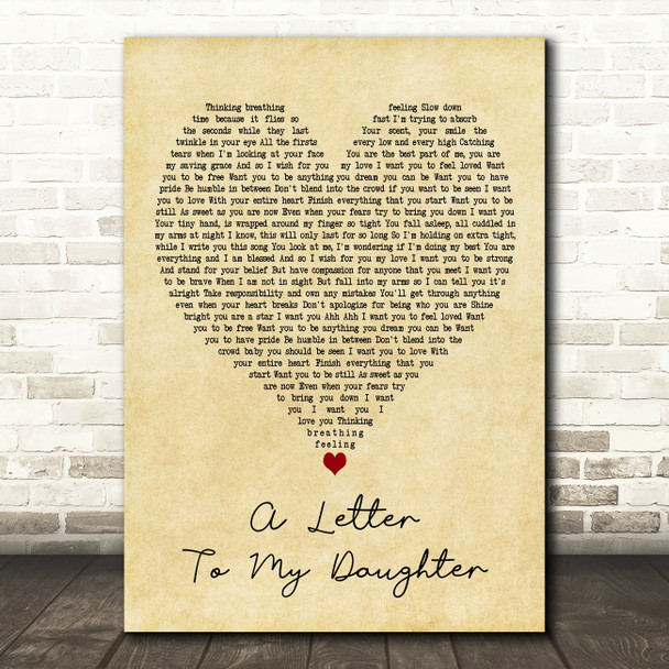 Kerri Brown A Letter to My Daughter Vintage Heart Decorative Wall Art Gift Song Lyric Print
