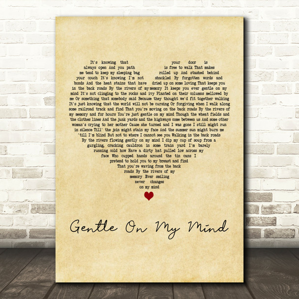 Elvis Presley Gentle On My Mind Vintage Heart Decorative Wall Art Gift Song Lyric Print