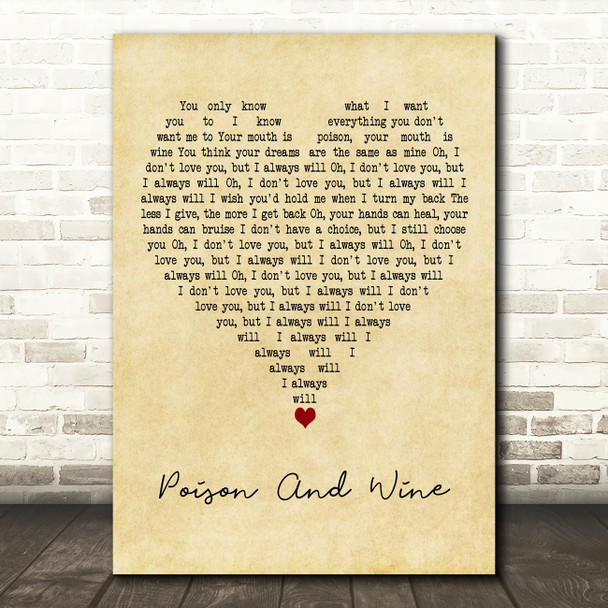 The Civil Wars Poison And Wine Vintage Heart Decorative Wall Art Gift Song Lyric Print