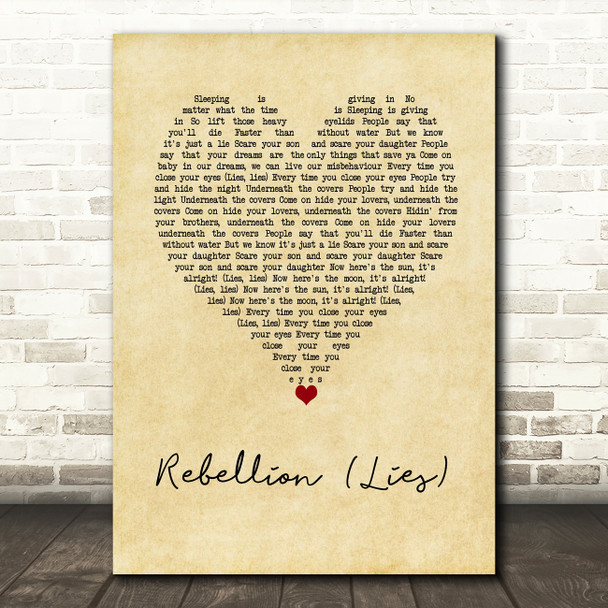 Arcade Fire Rebellion (Lies) Vintage Heart Decorative Wall Art Gift Song Lyric Print