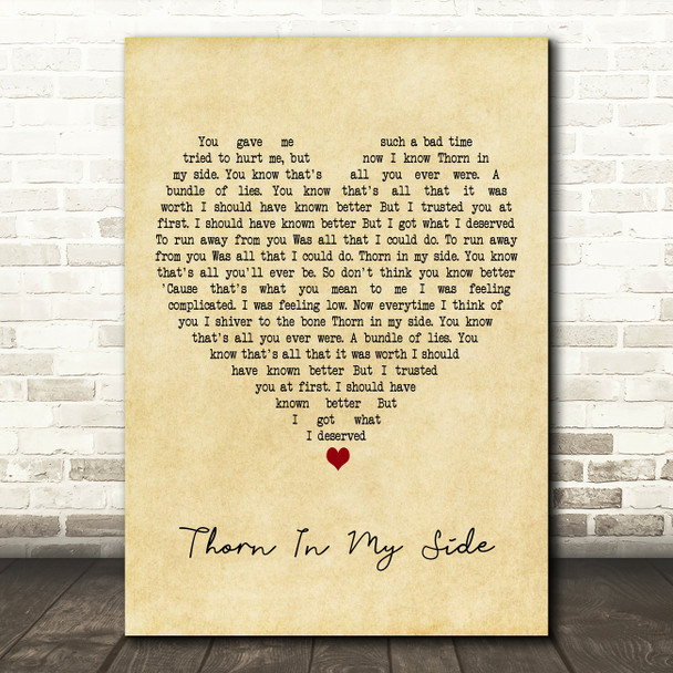 Eurythmics Thorn In My Side Vintage Heart Decorative Wall Art Gift Song Lyric Print