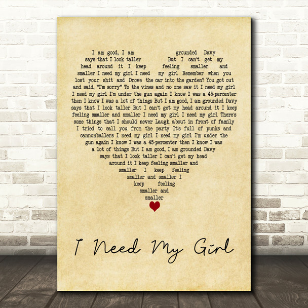 The National I Need My Girl Vintage Heart Decorative Wall Art Gift Song Lyric Print