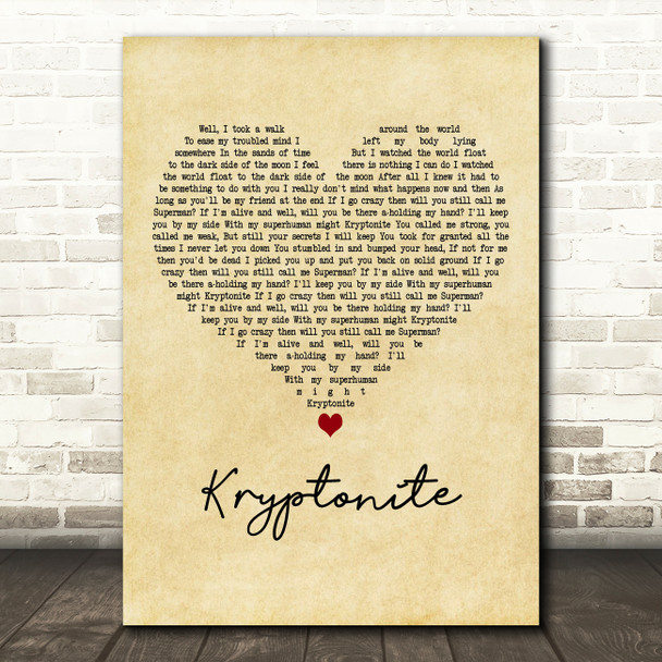 3 Doors Down Kryptonite Vintage Heart Decorative Wall Art Gift Song Lyric Print