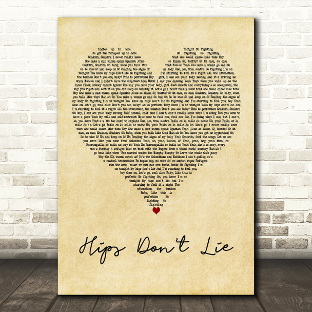 Shakira Hips Dont Lie Vintage Heart Decorative Wall Art Gift Song Lyric Print