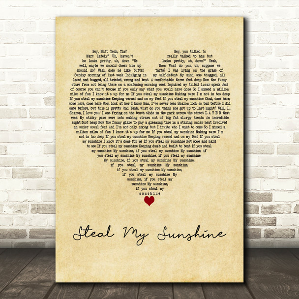 Len Steal My Sunshine Vintage Heart Decorative Wall Art Gift Song Lyric Print