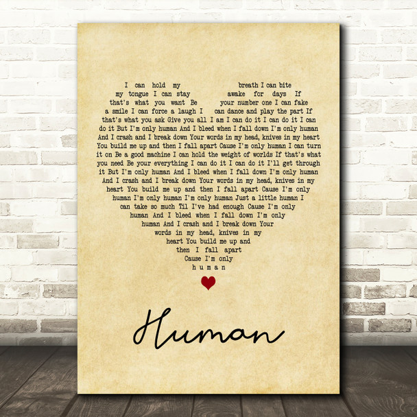 Christina Perri Human Vintage Heart Decorative Wall Art Gift Song Lyric Print