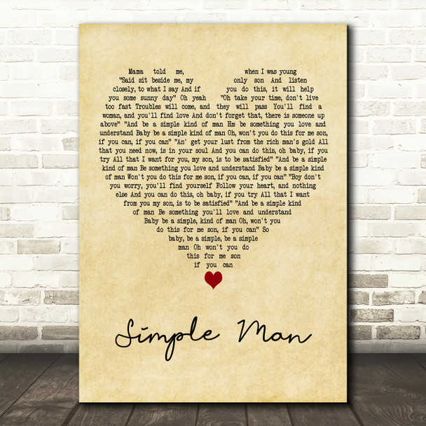 Shinedown Simple Man Vintage Heart Decorative Wall Art Gift Song Lyric Print