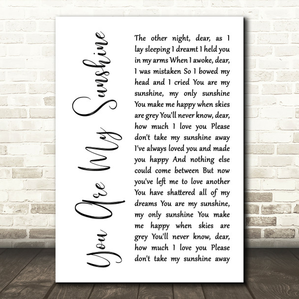 Johnny Cash You Are My Sunshine White Script Decorative Wall Art Gift Song Lyric Print