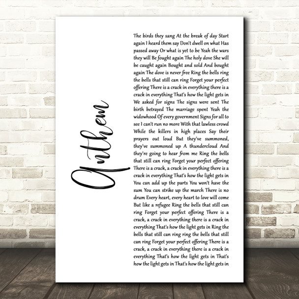 Leonard Cohen Anthem White Script Decorative Wall Art Gift Song Lyric Print