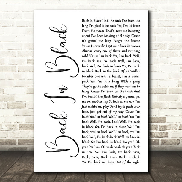 ACDC Back In Black White Script Decorative Wall Art Gift Song Lyric Print