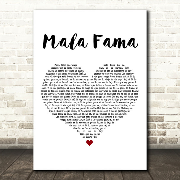 Danna Paola Mala Fama White Heart Decorative Wall Art Gift Song Lyric Print
