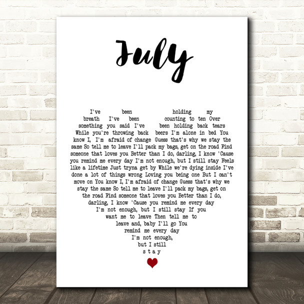 Noah Cyrus July White Heart Decorative Wall Art Gift Song Lyric Print