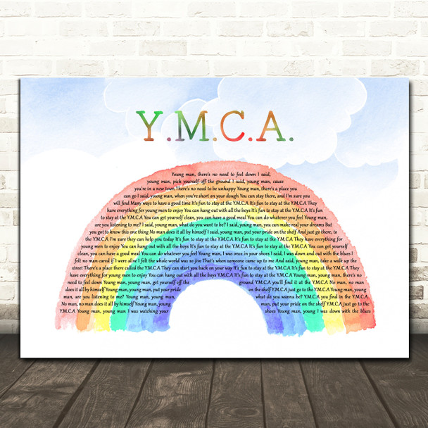 Village People Y.M.C.A. Watercolour Rainbow & Clouds Decorative Wall Art Gift Song Lyric Print