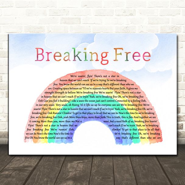 High School Musical Cast Breaking Free Watercolour Rainbow & Clouds Gift Song Lyric Print