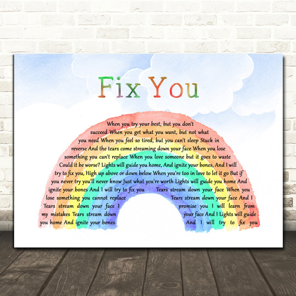 Coldplay Fix You Watercolour Rainbow & Clouds Decorative Wall Art Gift Song Lyric Print